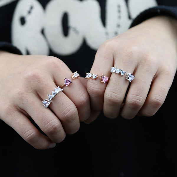 Heart CZ Ring For Women Open Adjusted Size White Pink Cubic Zirconia Finger Fashion Jewelry