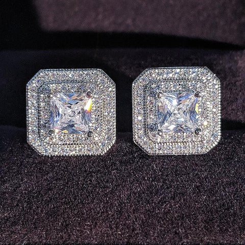 Real Sterling Silver princess cut zirconia stud Earrings for women Wedding
