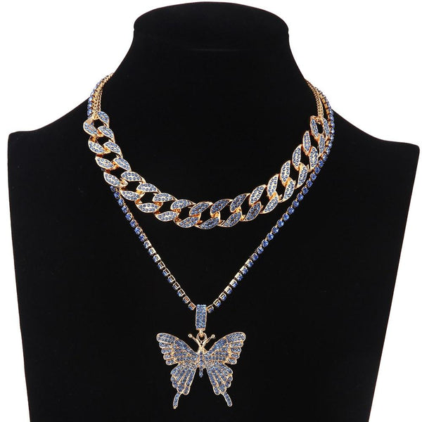 2pcs/set Iced Out Butterfly Chain Necklace