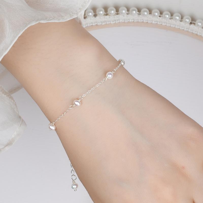 Real 925 sterling silver Chain Bracelet for Girls Women 4-5mm Mini Natural Freshwater Pearls Jewelry Gift