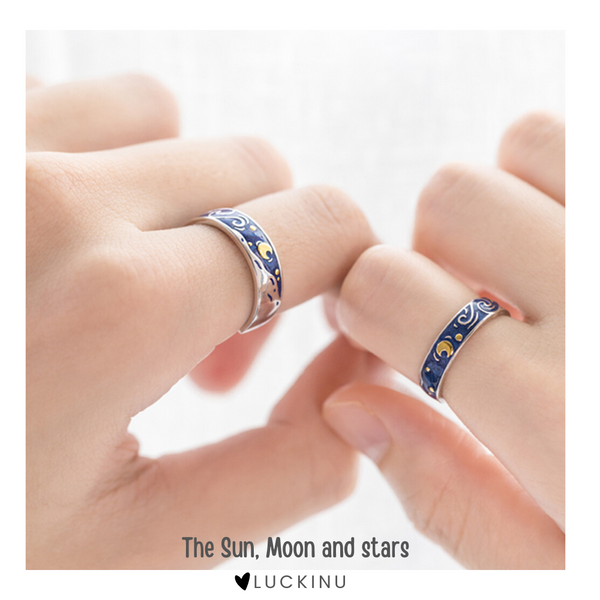 "The Sun, Moon and stars" Sterling Silver Rings Enamel Craft