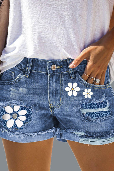 Women's Shorts Floral Leopard Print Mid Waist Jeans Shorts