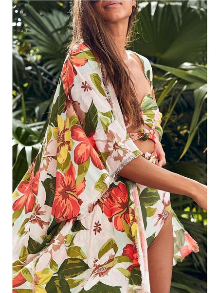 Floral Print Knot Design Orange Cover-Ups