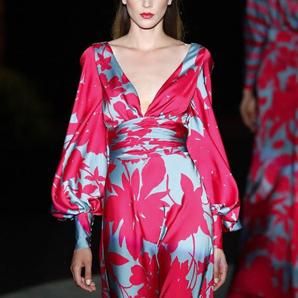Printed V-neck long sleeve dress