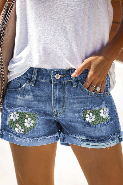 Women's Shorts Leopard Floral Patchwork Ripped Denim Shorts
