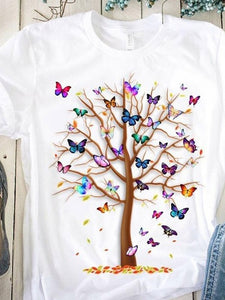 Colorful Butterfly and Tree Pattern Short-sleeved T-shirt