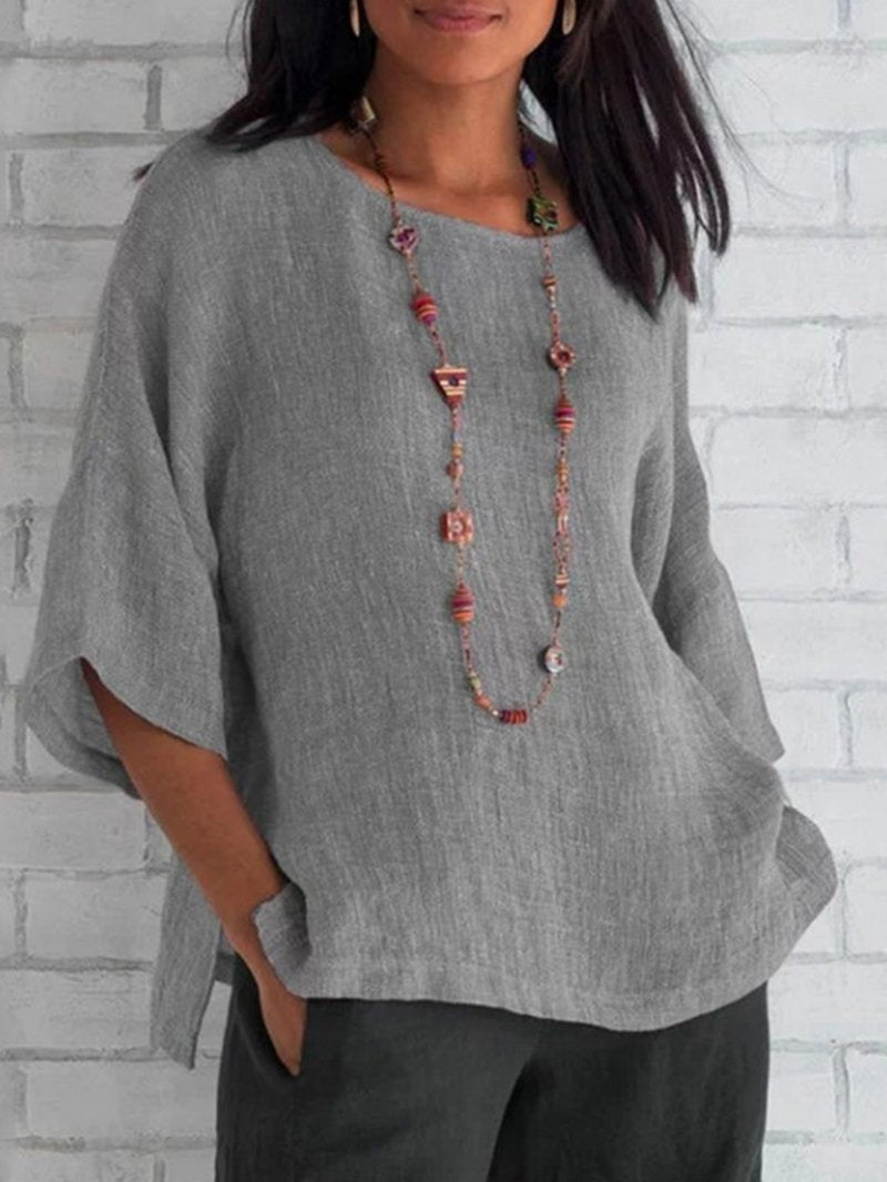 3/4 Sleeve Round Neck Cotton and Linen Shirt
