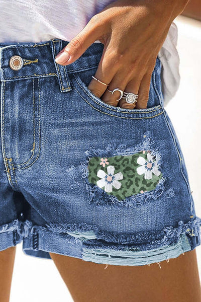 Women's Shorts Leopard Floral Patchwork Ripped Denim Shorts