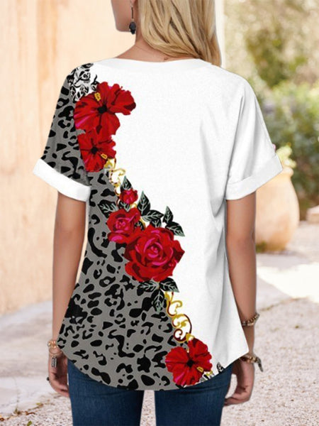 Floral Print Leopard Print Lace-up V-neck Short-sleeved Top