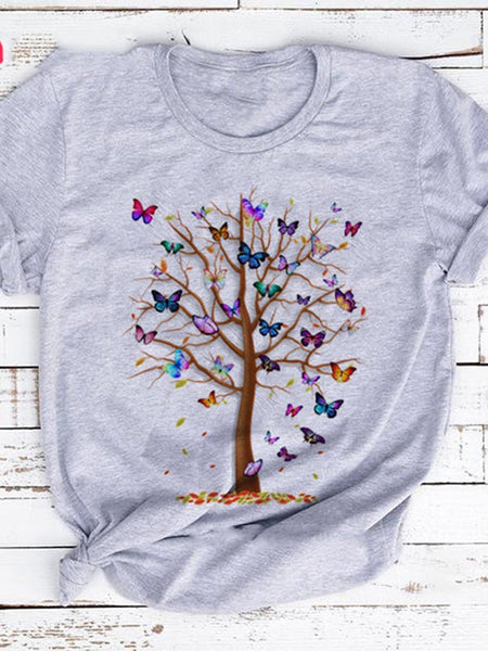 Colorful Butterfly and Tree Pattern Short-sleeved T-shirt