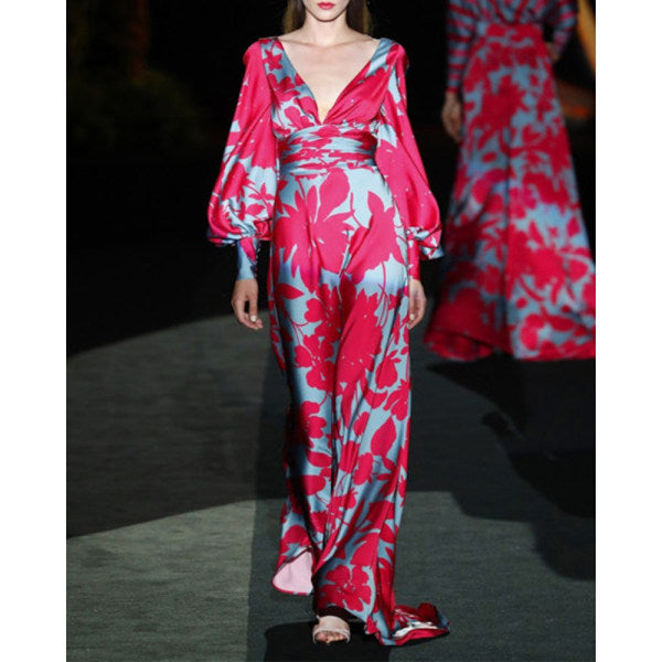 Printed V-neck long sleeve dress