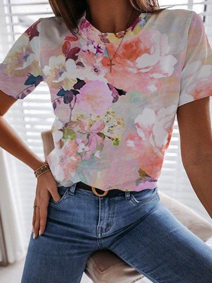 Vacation floral round neck casual short-sleeved top