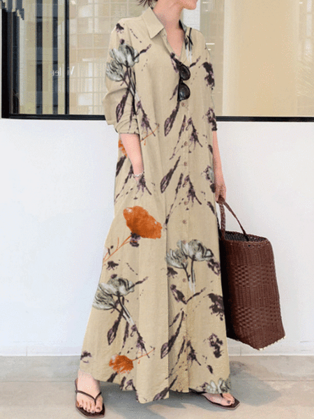 Fashion Flower Print Cotton And Linen Lapel Long Sleeve Long Sleeve Pocket Loose Casual Long Dress