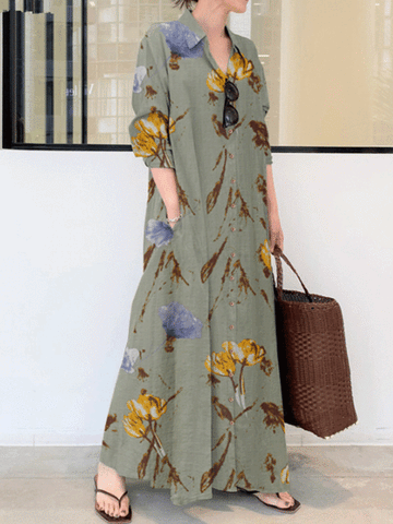 Fashion Flower Print Cotton And Linen Lapel Long Sleeve Long Sleeve Pocket Loose Casual Long Dress