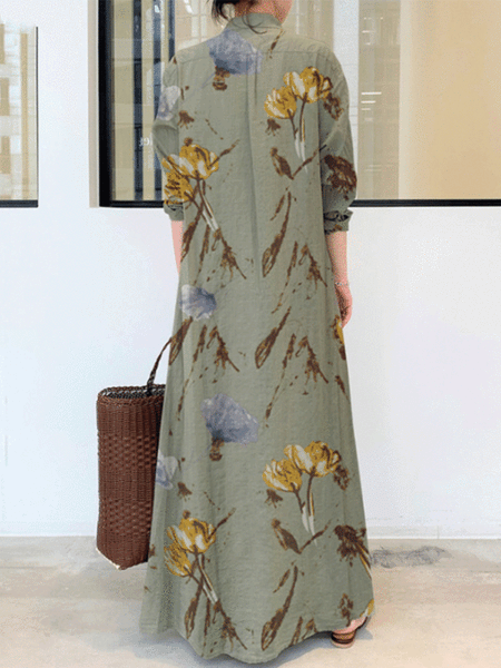 Fashion Flower Print Cotton And Linen Lapel Long Sleeve Long Sleeve Pocket Loose Casual Long Dress