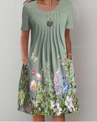 Floral A-Line Short Sleeve Crew Neck Dresses