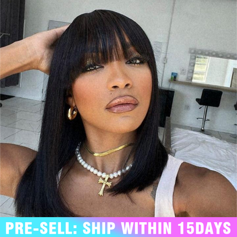 Rectangular Scalp Swiss HD lace Yaki Straight Bob Wig with Bang