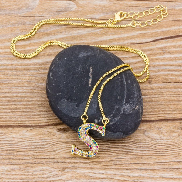 Big Letter Rainbow CZ Diamond Necklace