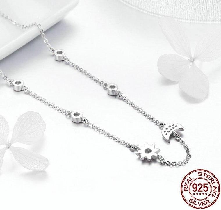 925 Sterling Silver Moon & Star Pendant Necklace – Rose Gold With Cubic Zirconia