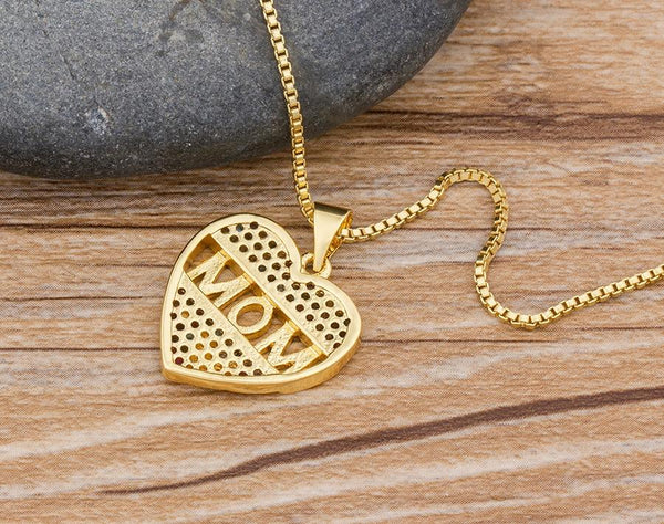 Mom Letter Heart CZ Diamond Necklace