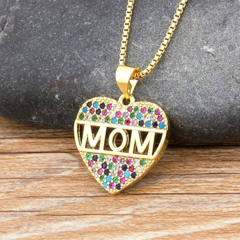 Mom Letter Heart CZ Diamond Necklace