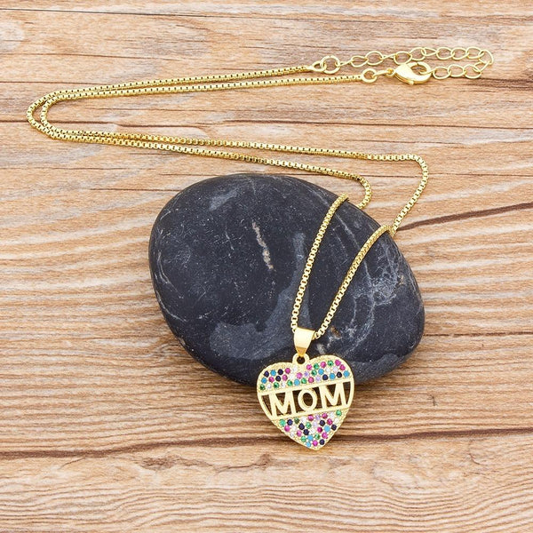 Mom Letter Heart CZ Diamond Necklace