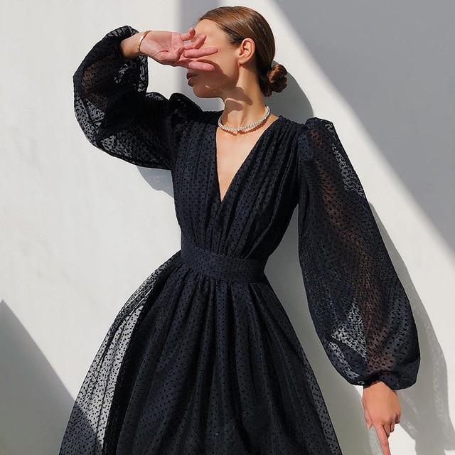 2021 Mesh A-line Evening Women's Dress Polka Dot Deep V-neck Puff Sleeve Female Midi-length Dresses Elegant Party Lady Clothing