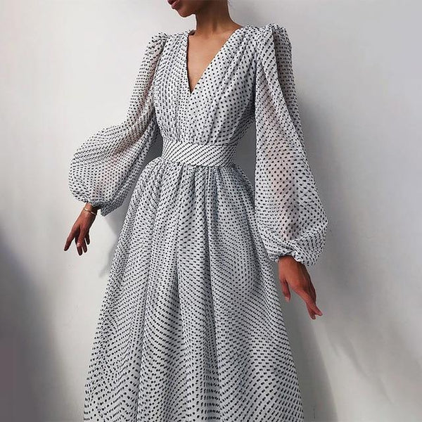 2021 Mesh A-line Evening Women's Dress Polka Dot Deep V-neck Puff Sleeve Female Midi-length Dresses Elegant Party Lady Clothing