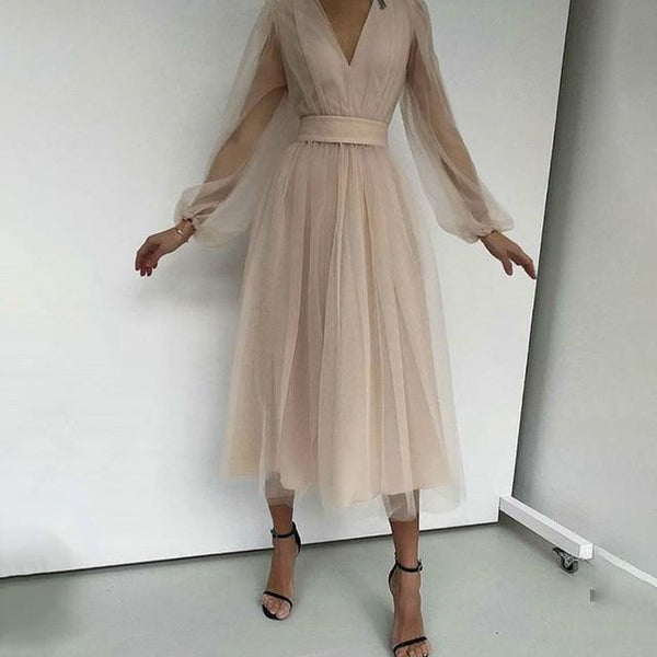 2021 Mesh A-line Evening Women's Dress Polka Dot Deep V-neck Puff Sleeve Female Midi-length Dresses Elegant Party Lady Clothing