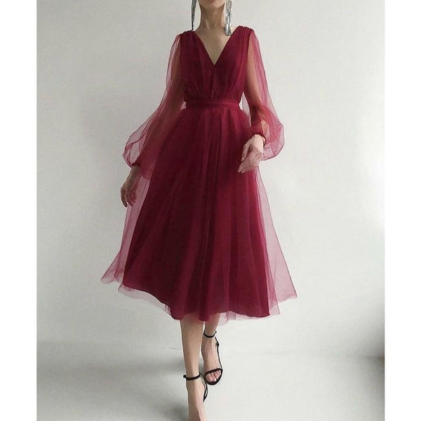 2021 Spring Solid Mesh Women's Bud Midi Dress Deep V-neck Puff Sleeve Female Dresses Elegant Party Lady Clothes