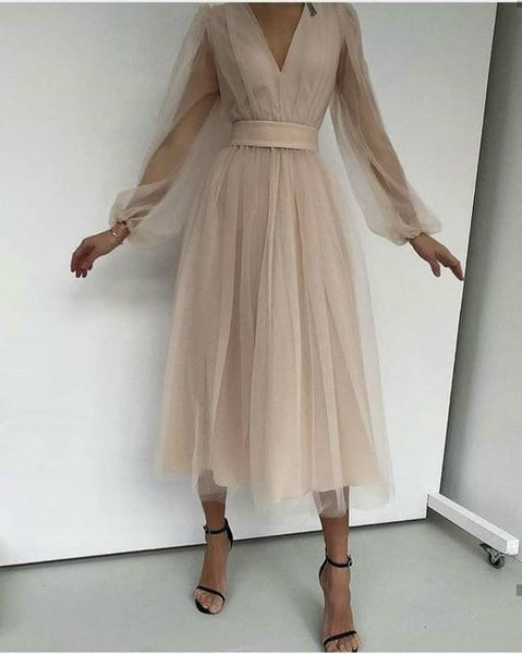 2021 Spring Solid Mesh Women's Bud Midi Dress Deep V-neck Puff Sleeve Female Dresses Elegant Party Lady Clothes