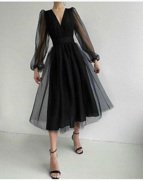 2021 Spring Solid Mesh Women's Bud Midi Dress Deep V-neck Puff Sleeve Female Dresses Elegant Party Lady Clothes