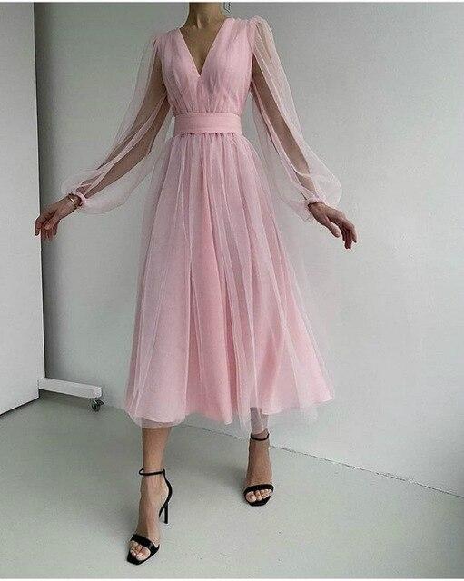 2021 Spring Solid Mesh Women's Bud Midi Dress Deep V-neck Puff Sleeve Female Dresses Elegant Party Lady Clothes