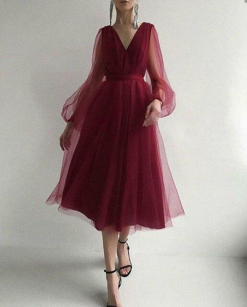 2021 Spring Solid Mesh Women's Bud Midi Dress Deep V-neck Puff Sleeve Female Dresses Elegant Party Lady Clothes