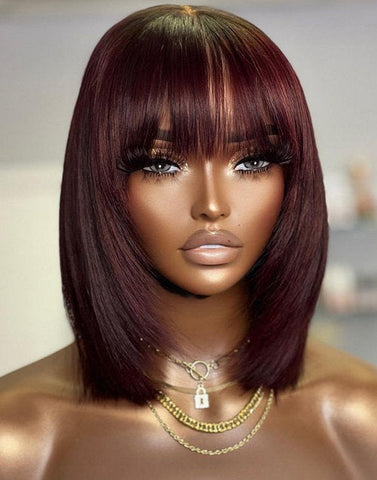 Burgundy Layer Cut Straight Bob Wigs With Bangs No Glue No Gel Fringe Wigs