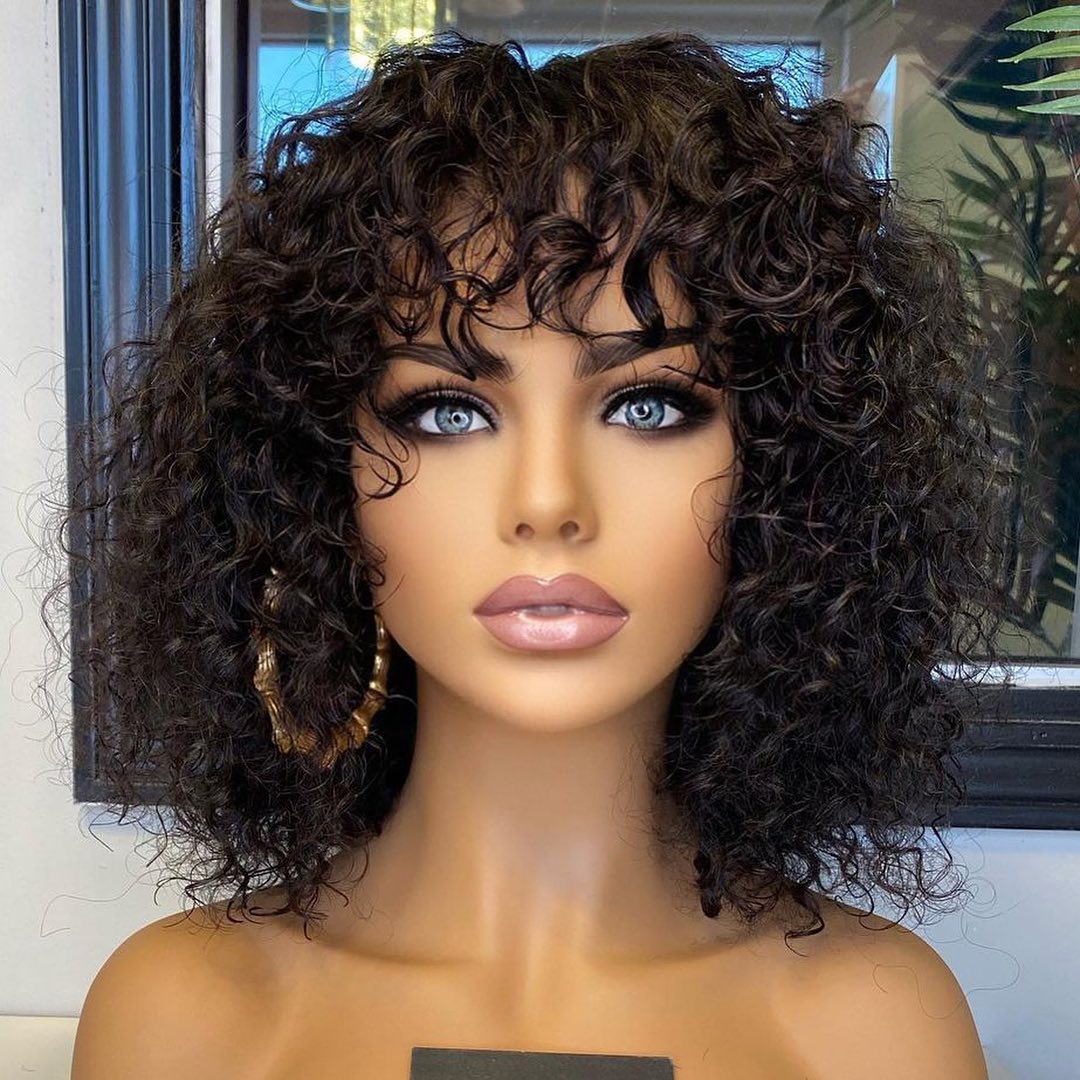 Short Water Wave Bang Bob Wig 100% Human Hair